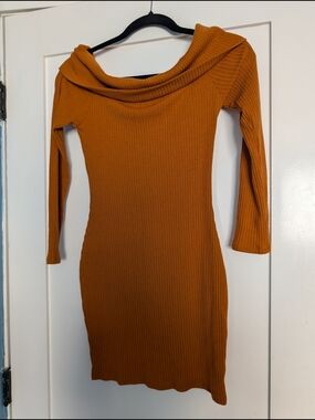Charlotte Russe Rust-Colored Ribbed Off-Shoulder Long Sleeve Dress